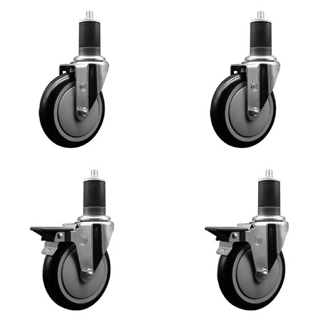 Service Caster 5'' Black Poly Wheel Swivel 1-5/8'' Expanding Stem Caster Set 2 Brakes, 4PK SCC-EX20S514-PPUB-BLK-2-PLB-2-158